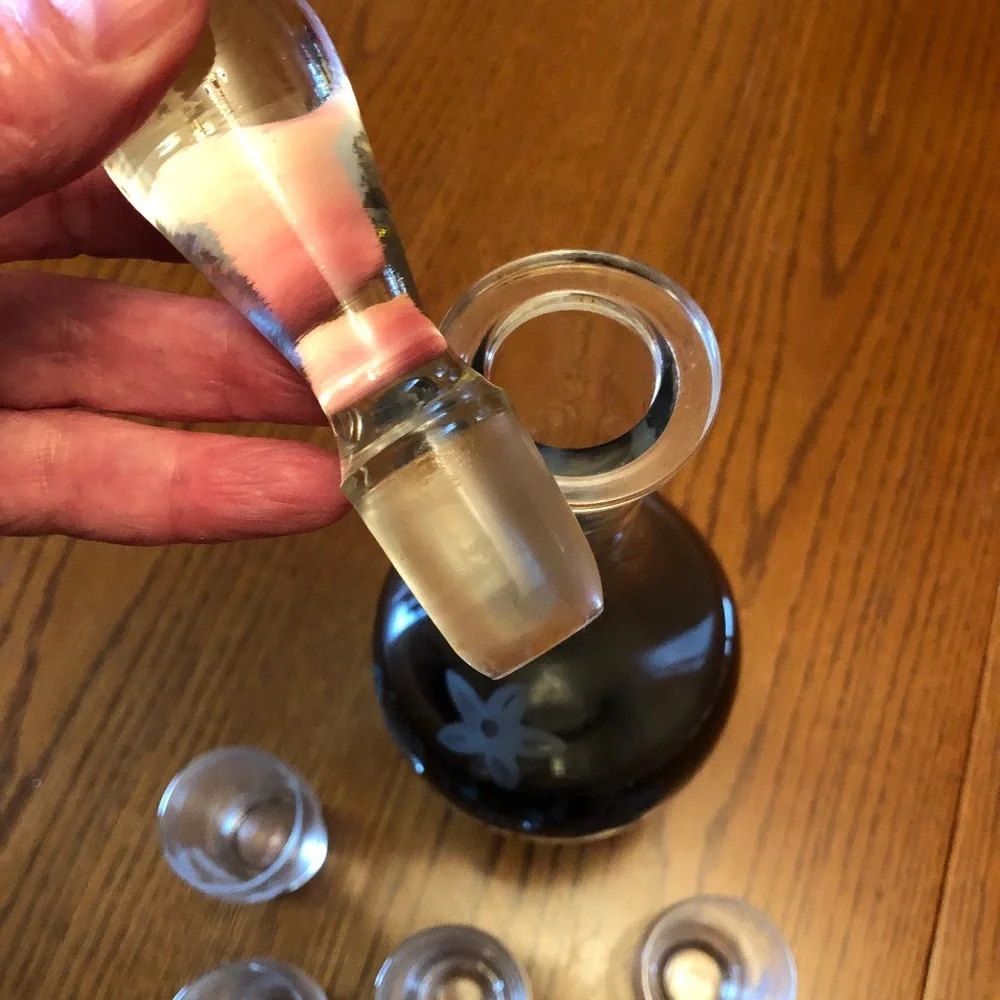 Vintage Clear Glass Etched Decanter and Six Shot Glasses